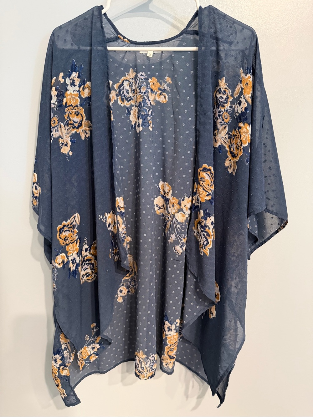 Maurices Navy Floral Sheer Kimono with Mustard Accents